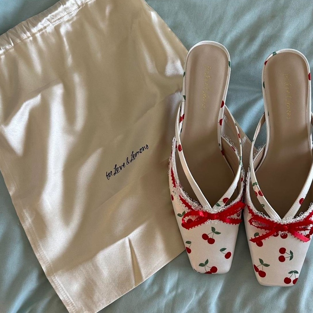 For Love And Lemons Cherry Print Heels with Red Bow